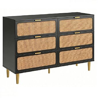 Rattan Dresser with 6 Drawers, Tall Modern Closet with Deep Storage