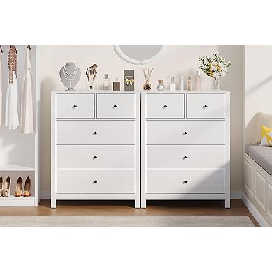 5-Drawer Nightstand with Deep Storage and Metal Knobs, Modern Wooden Double Storage Nightstand