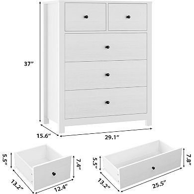 5-Drawer Nightstand with Deep Storage and Metal Knobs, Modern Wooden Double Storage Nightstand