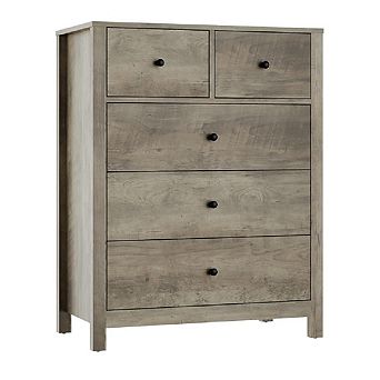 5-Drawer Nightstand with Deep Storage and Metal Knobs, Modern Wooden Double Storage Nightstand