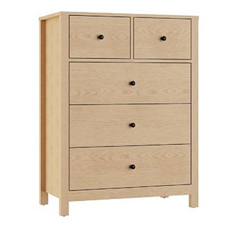5-Drawer Nightstand with Deep Storage and Metal Knobs, Modern Wooden Double Storage Nightstand