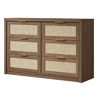 Wide Boho Rattan Dresser with 6 Drawers, Ample Storage Wooden Chest Organizer for Bedroom