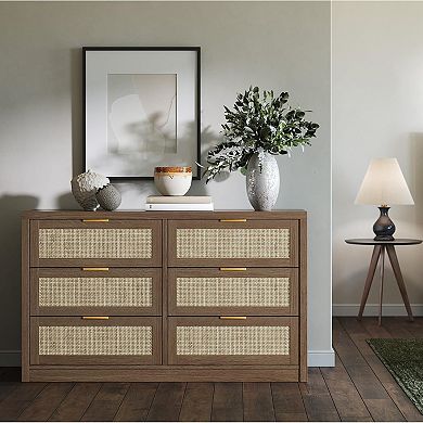 Wide Boho Rattan Dresser with 6 Drawers, Ample Storage Wooden Chest Organizer for Bedroom