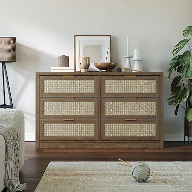 Wide Boho Rattan Dresser with 6 Drawers, Ample Storage Wooden Chest Organizer for Bedroom