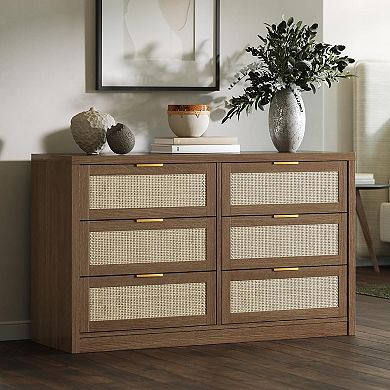 Wide Boho Rattan Dresser with 6 Drawers, Ample Storage Wooden Chest Organizer for Bedroom