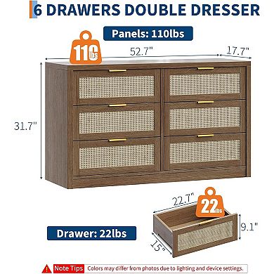Wide Boho Rattan Dresser with 6 Drawers, Ample Storage Wooden Chest Organizer for Bedroom