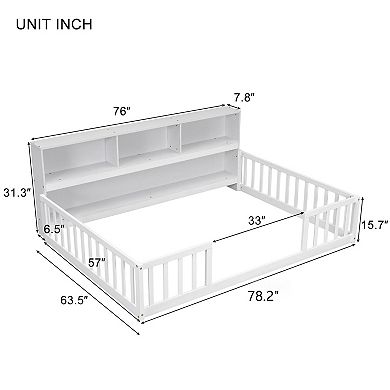 Whisen Floor Bed with Bedside Bookcase, Shelves, Guardrails