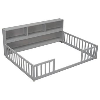 Whisen Floor Bed with Bedside Bookcase, Shelves, Guardrails