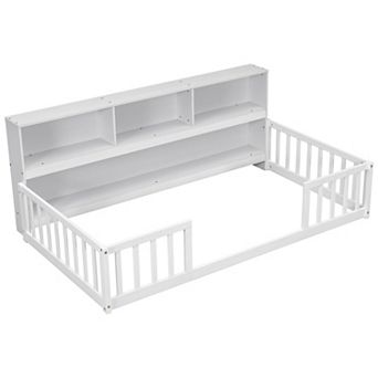Whisen Floor Bed with Bedside Bookcase, Shelves, Guardrails