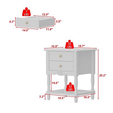 2-Drawer French Country Nightstand with Bottom Shelf, Vintage Bedside Table for Bedroom