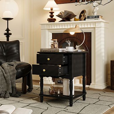 2-Drawer French Country Nightstand with Bottom Shelf, Vintage Bedside Table for Bedroom