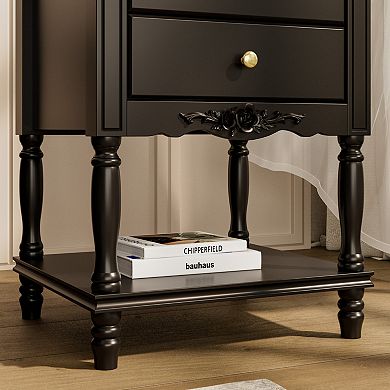2-Drawer French Country Nightstand with Bottom Shelf, Vintage Bedside Table for Bedroom