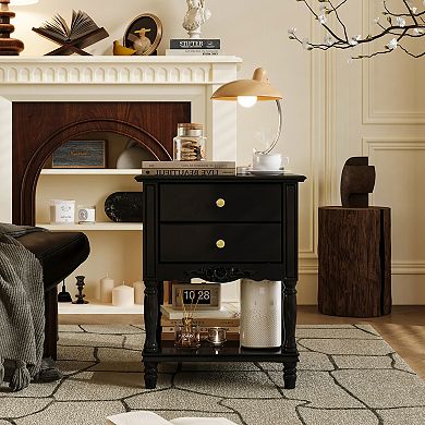 2-Drawer French Country Nightstand with Bottom Shelf, Vintage Bedside Table for Bedroom