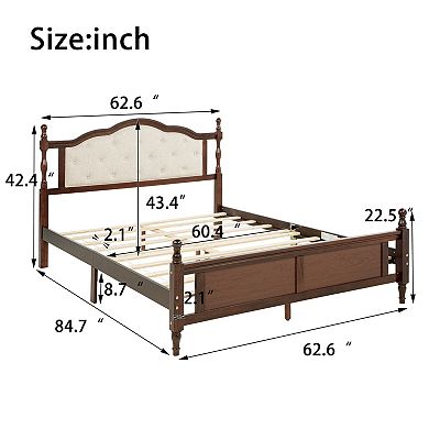 Whisen Queen Bed with Upholstered Headboard, Central Platform Support Feet