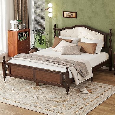 Whisen Queen Bed with Upholstered Headboard, Central Platform Support Feet
