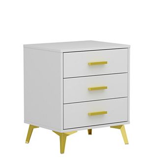 White 3-Drawer Nightstand with Gold Accents, Modern Bedside Table for Bedroom