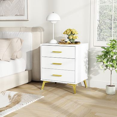 White 3-Drawer Nightstand with Gold Accents, Modern Bedside Table for Bedroom