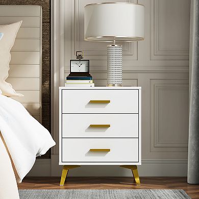White 3-Drawer Nightstand with Gold Accents, Modern Bedside Table for Bedroom