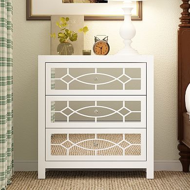 White 3-Drawer Mirrored Nightstand, Modern Accent Dresser with Decorative Mirror Front for Bedroom