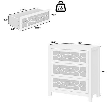 White 3-Drawer Mirrored Nightstand, Modern Accent Dresser with Decorative Mirror Front for Bedroom