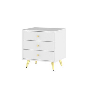 White 3-Drawer Nightstand with Gold Legs Modern Bedroom Storage Table