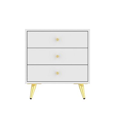 White 3-Drawer Nightstand with Gold Legs Modern Bedroom Storage Table