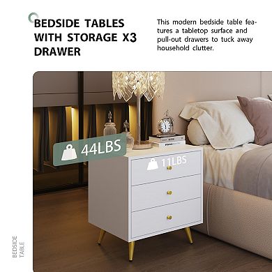White 3-Drawer Nightstand with Gold Legs Modern Bedroom Storage Table