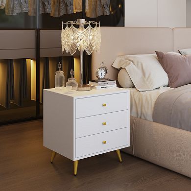 White 3-Drawer Nightstand with Gold Legs Modern Bedroom Storage Table