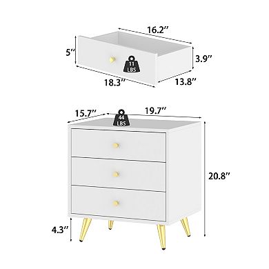 White 3-Drawer Nightstand with Gold Legs Modern Bedroom Storage Table