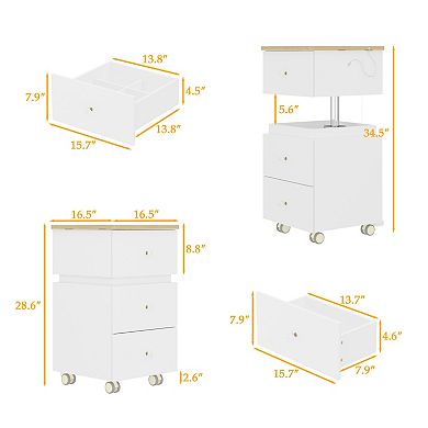 2-in-1 Rotating Vanity Nightstand with LED Mirror, White Liftable Makeup Dresser for Bedroom