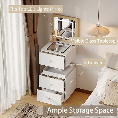 2-in-1 Rotating Vanity Nightstand with LED Mirror, White Liftable Makeup Dresser for Bedroom