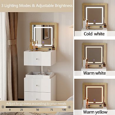 2-in-1 Rotating Vanity Nightstand with LED Mirror, White Liftable Makeup Dresser for Bedroom