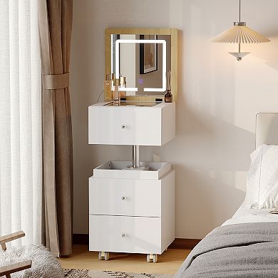 2-in-1 Rotating Vanity Nightstand with LED Mirror, White Liftable Makeup Dresser for Bedroom
