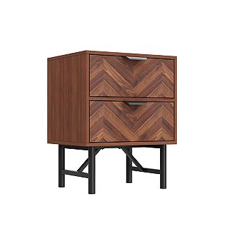 Walnut-Effect 2-Drawer Nightstand with Chevron Detail Modern Bedside Table