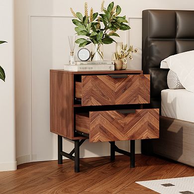 Walnut-Effect 2-Drawer Nightstand with Chevron Detail Modern Bedside Table