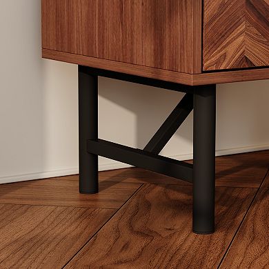 Walnut-Effect 2-Drawer Nightstand with Chevron Detail Modern Bedside Table