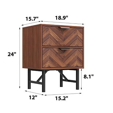 Walnut-Effect 2-Drawer Nightstand with Chevron Detail Modern Bedside Table
