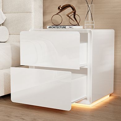White High-Gloss 2-Drawer Nightstand with Warm LED Lighting