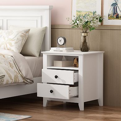 White 2-Drawer Nightstand with Open Storage Shelf, Modern End Table for Bedroom