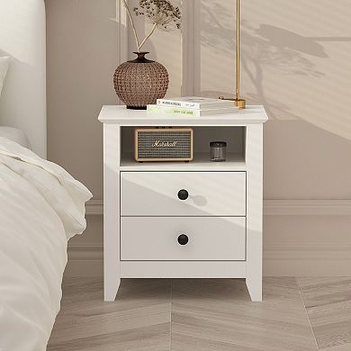 White 2-Drawer Nightstand with Open Storage Shelf, Modern End Table for Bedroom