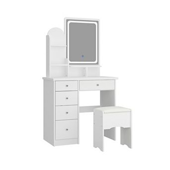 White Vanity Desk with LED Mirror, 5 Drawers, Storage Shelves & Cushioned Stool