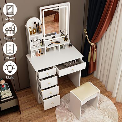 White Vanity Desk with LED Mirror, 5 Drawers, Storage Shelves & Cushioned Stool