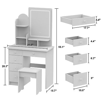 White Vanity Desk with LED Mirror, 5 Drawers, Storage Shelves & Cushioned Stool
