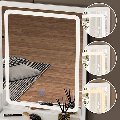 White Vanity Desk with LED Mirror, 5 Drawers, Storage Shelves & Cushioned Stool