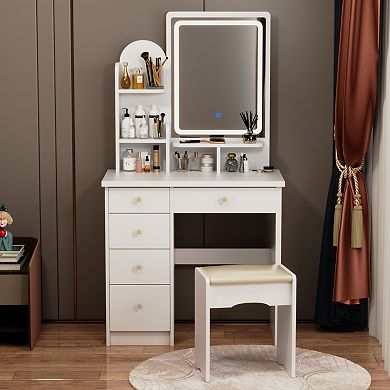 White Vanity Desk with LED Mirror, 5 Drawers, Storage Shelves & Cushioned Stool