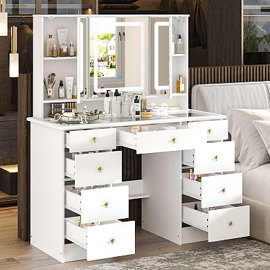 White Vanity Desk with LED Lighted Mirror & Glass Top, 9-Drawer Makeup Table