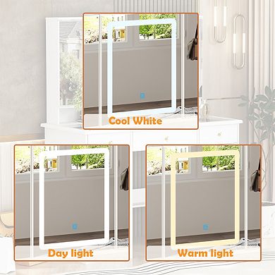 White Vanity Desk with LED Lighted Mirror & Glass Top, 9-Drawer Makeup Table