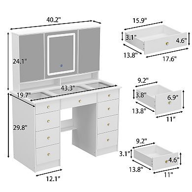 White Vanity Desk with LED Lighted Mirror & Glass Top, 9-Drawer Makeup Table