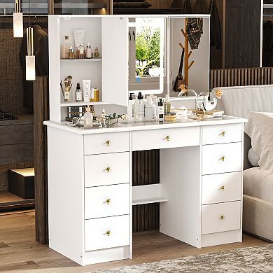 White Vanity Desk with LED Lighted Mirror & Glass Top, 9-Drawer Makeup Table