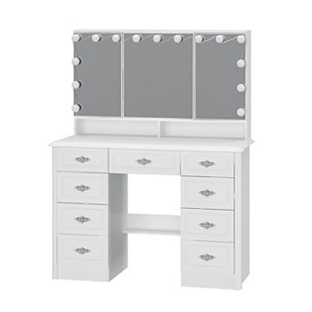 White Vanity Desk with Lighted Mirror, 3 Color Lighting, 10 Drawers, Makeup Dressing Table